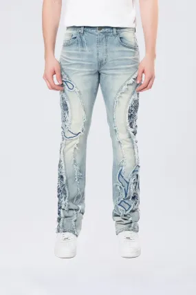 Stacked Pinched Flared Tapestry Paneled Jeans - Montauk Blue