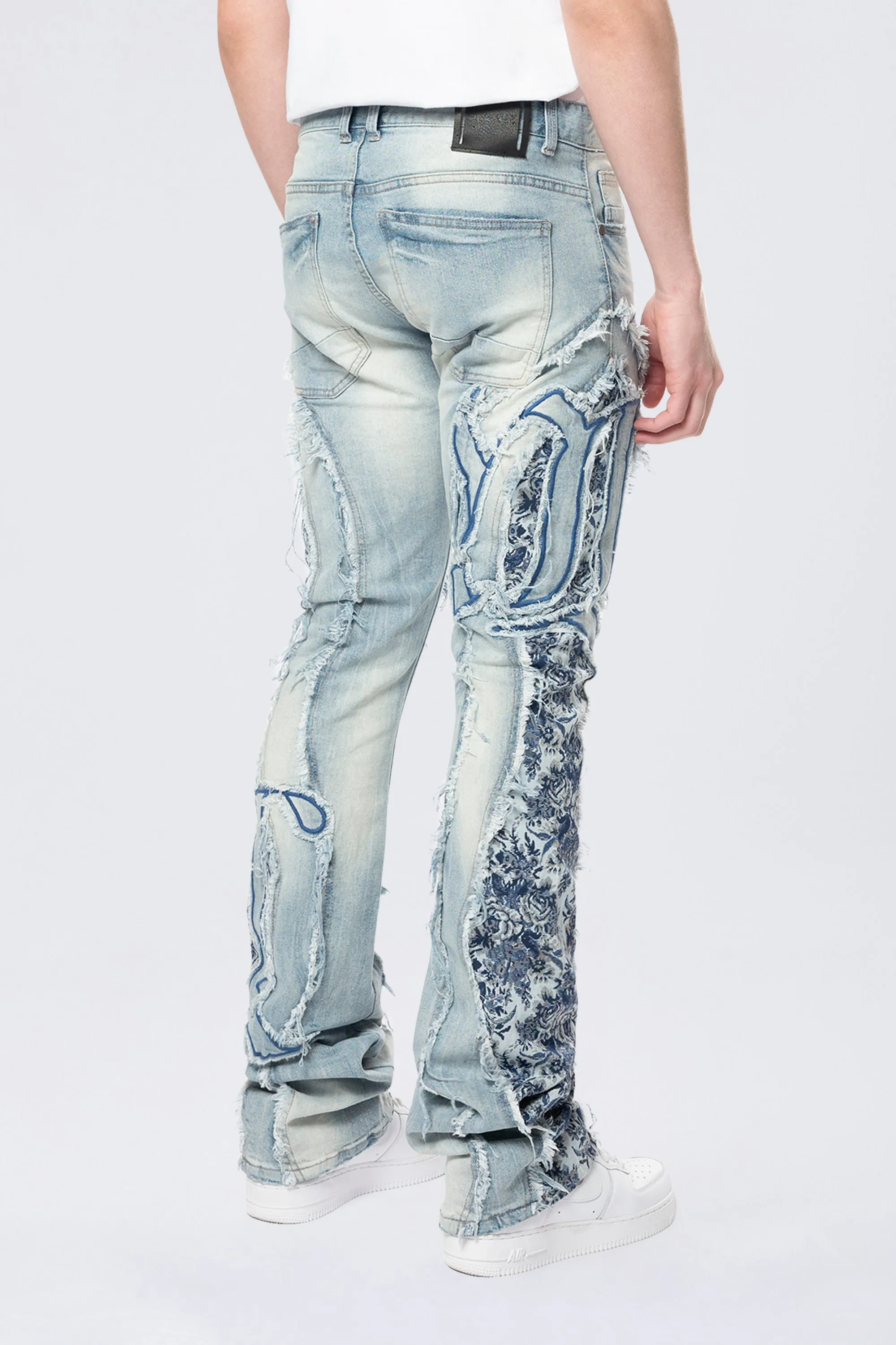 Stacked Pinched Flared Tapestry Paneled Jeans - Montauk Blue