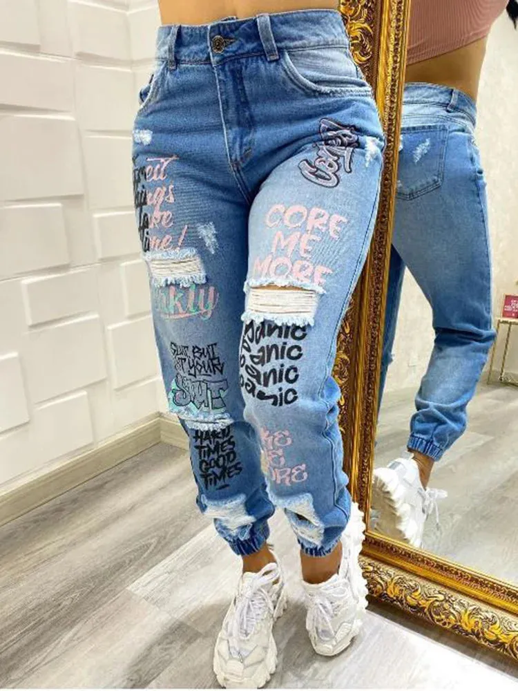 Streetwear Hip Hop Letter Print Ripped Women Fashion Y2K Harajuku Mid Casual Pencil Jeans