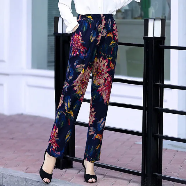 Women Floral Print Plaid Pants