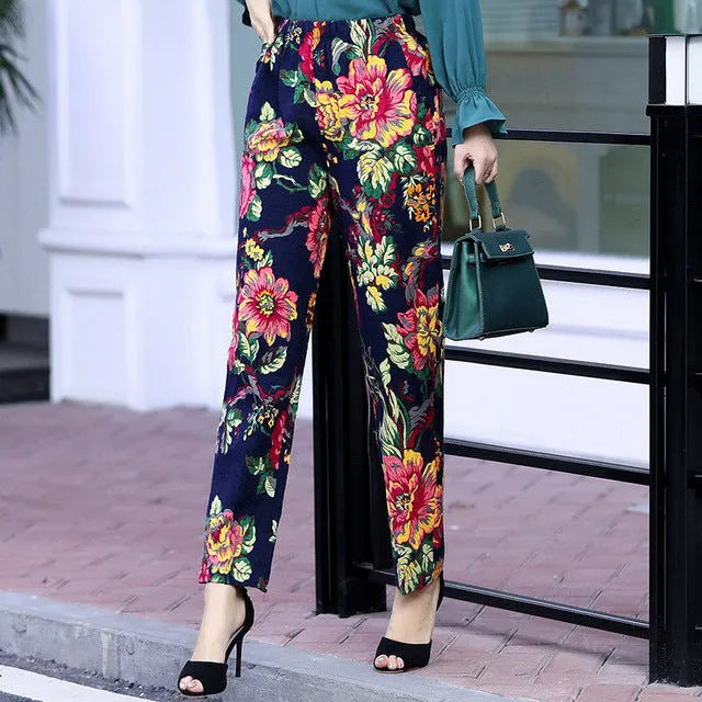 Women Floral Print Plaid Pants