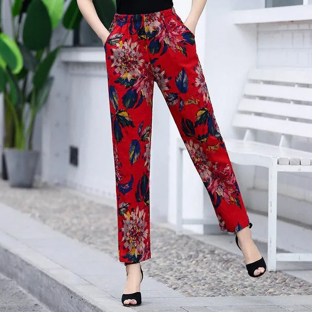 Women Floral Print Plaid Pants