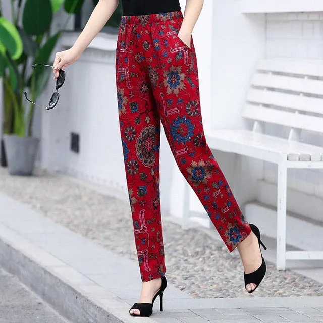 Women Floral Print Plaid Pants