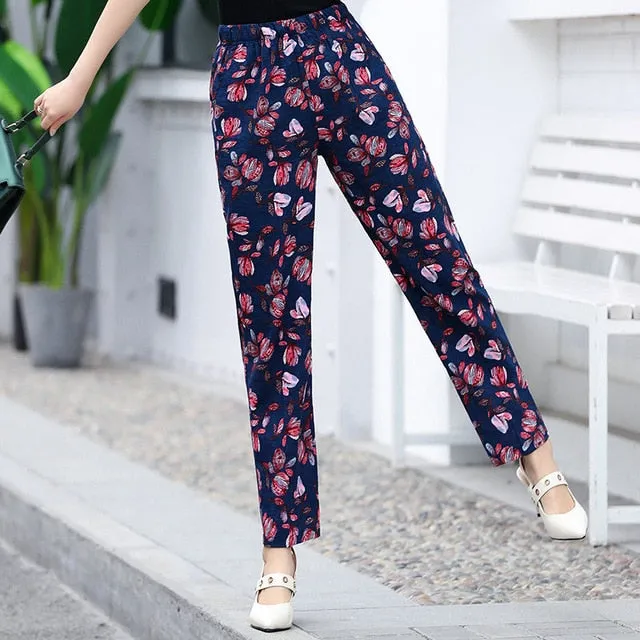 Women Floral Print Plaid Pants