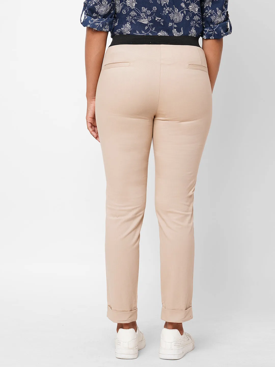 Women's Beige Cotton Lycra Slim Fit Pant