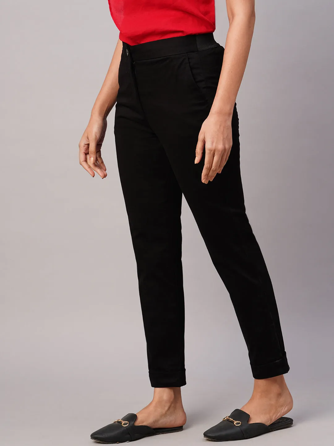 Women's Black Cotton Lycra Slim Fit Pant