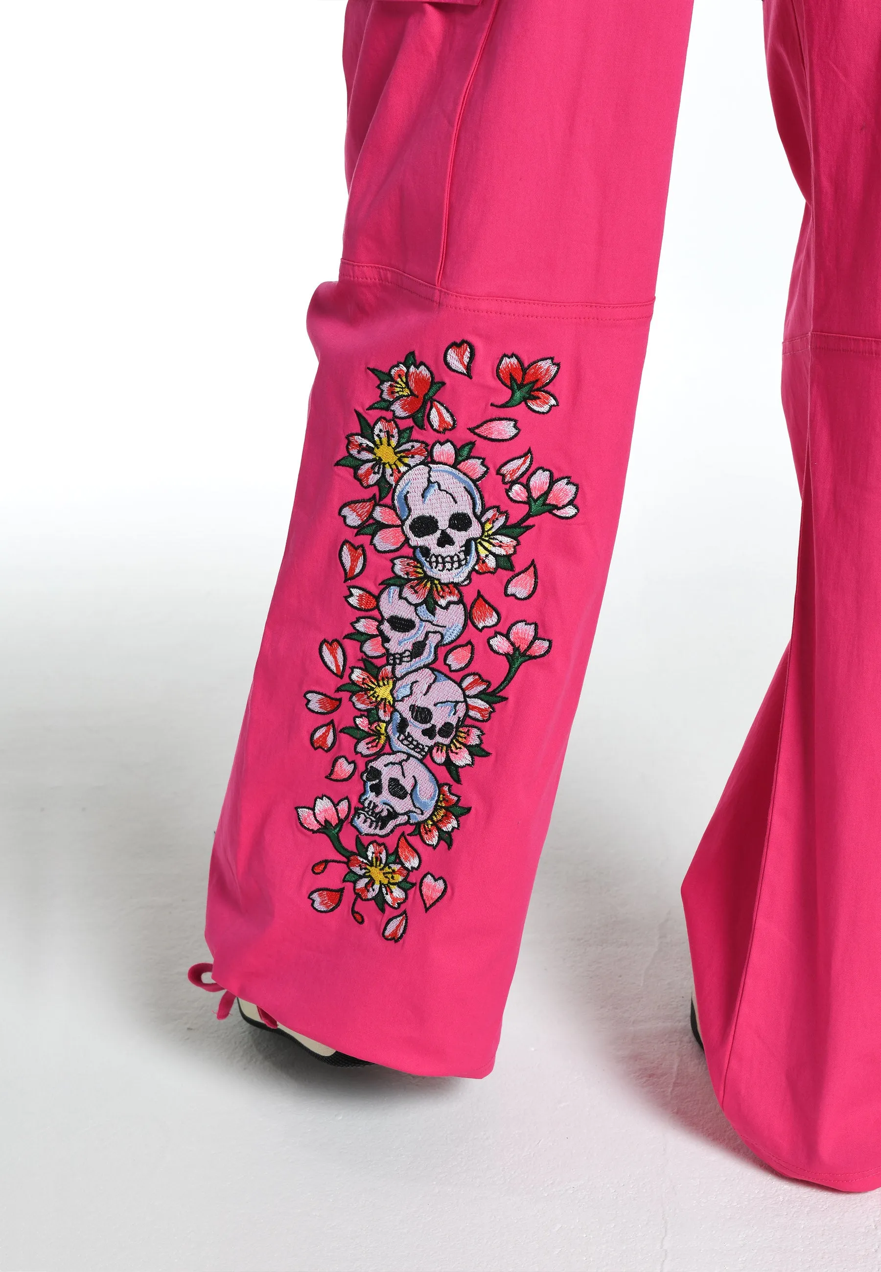 Womens Skull Blossom Cargo Pants Trousers - Pink