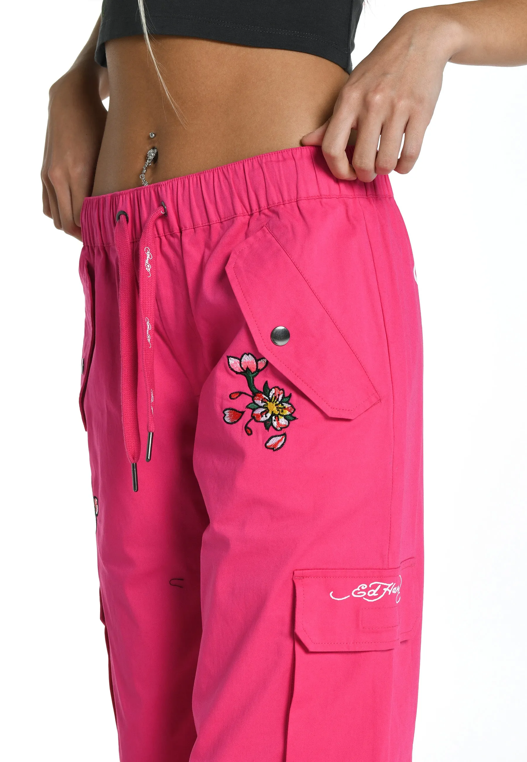 Womens Skull Blossom Cargo Pants Trousers - Pink