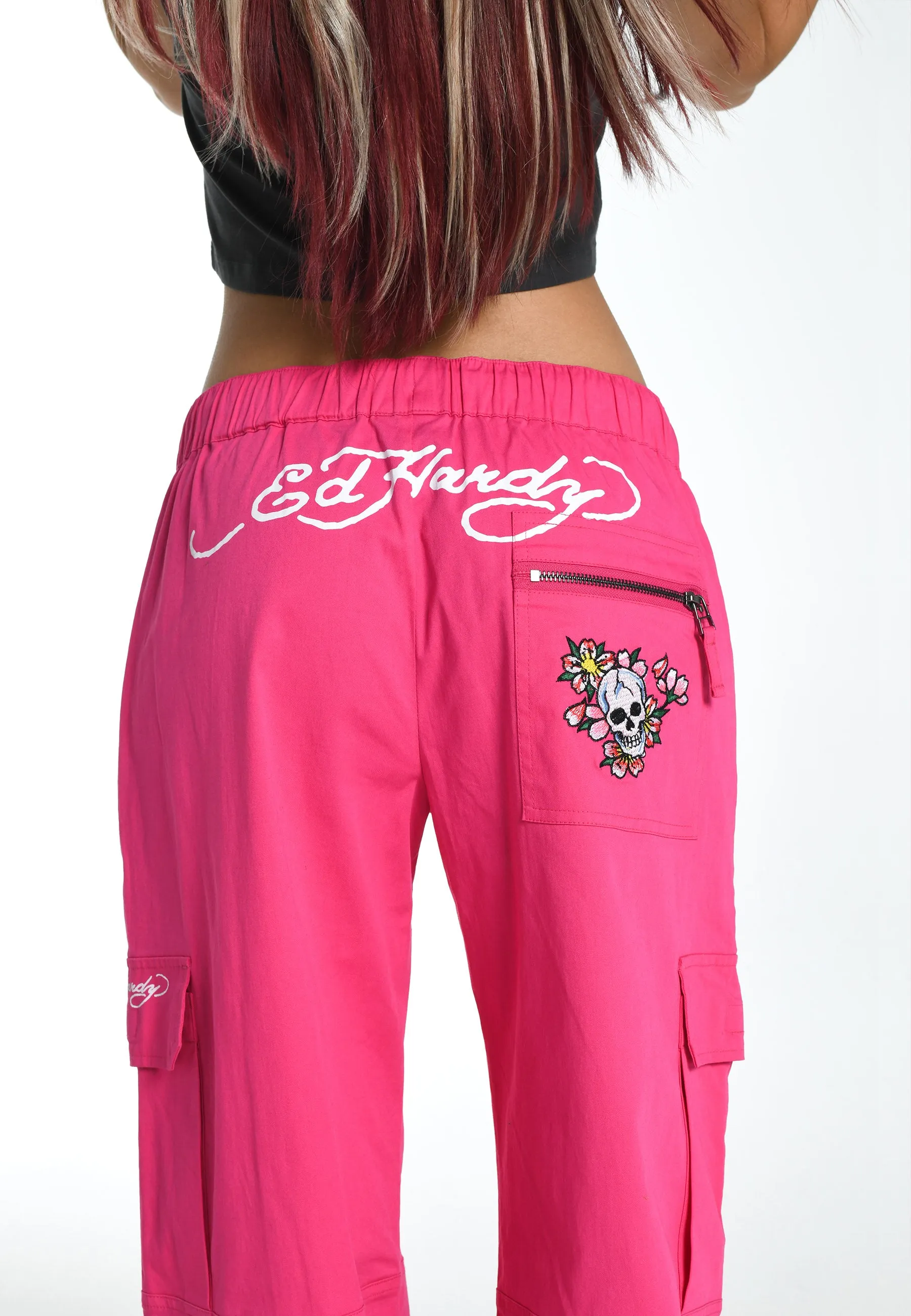 Womens Skull Blossom Cargo Pants Trousers - Pink