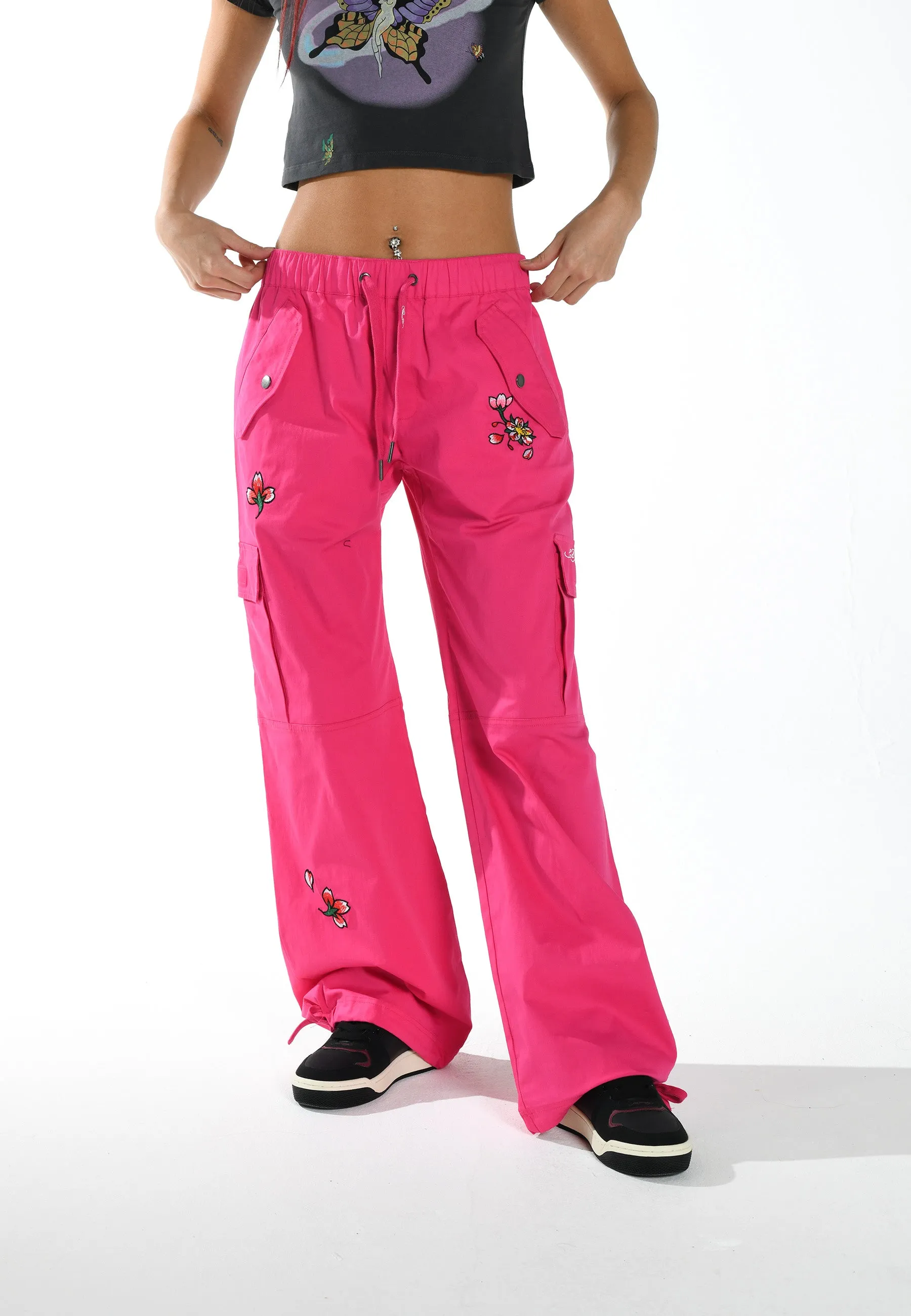 Womens Skull Blossom Cargo Pants Trousers - Pink