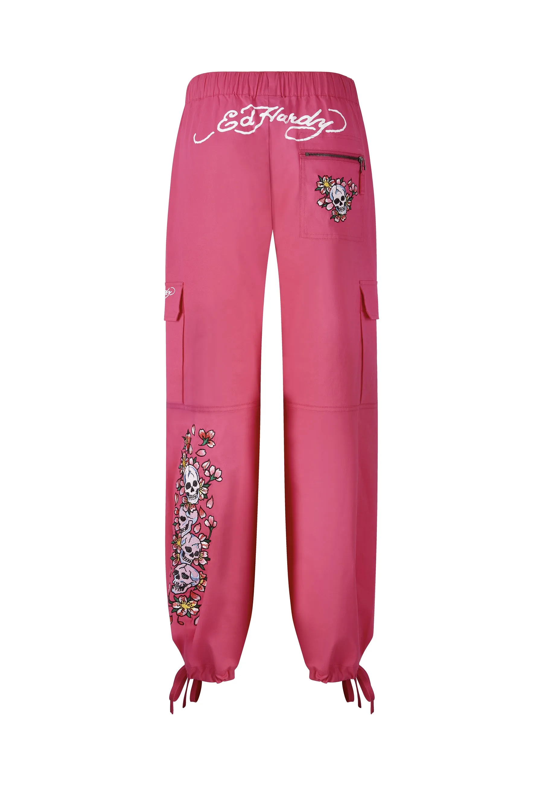 Womens Skull Blossom Cargo Pants Trousers - Pink